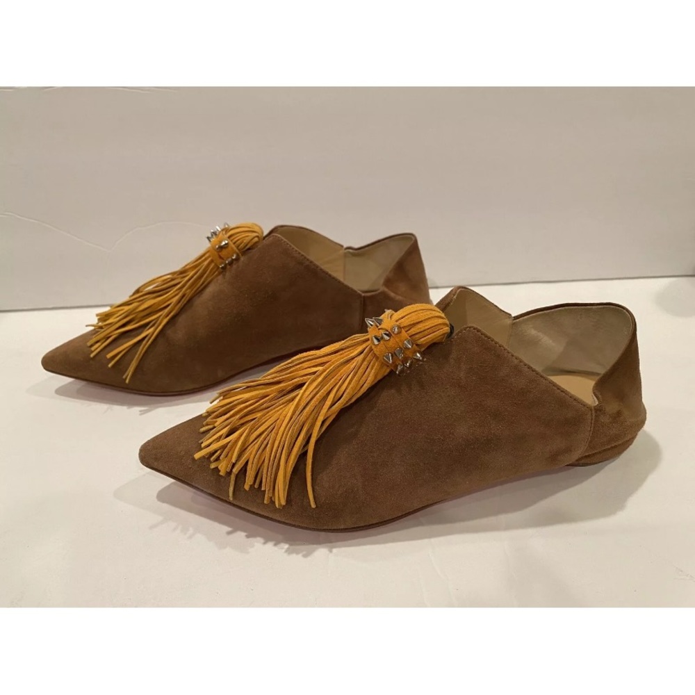 Christian Louboutin suede flat slippers slip on brown fringe studded 34 - Picture 4 of 13